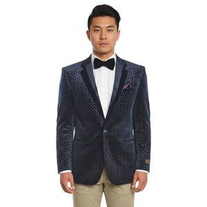 Empire™ Geometric Velvet Shawl Lapel Navy Blue Blazer, Modern Fit – NWT